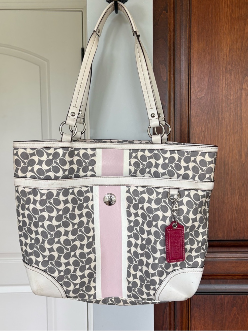 Coach Cream and Pink Signature Tote with Pink Tag